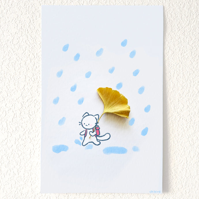 Foraging Friends - Gingko Umbrella Cat Felt Poster