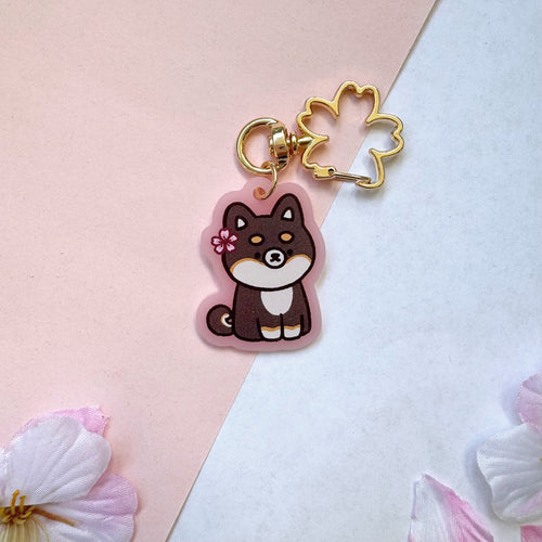 Cherry Blossom Black Shiba Charm - Frosted Pink with Sakura Clasp