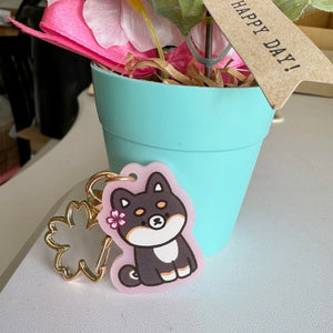 Cherry Blossom Black Shiba Charm - Frosted Pink with Sakura Clasp